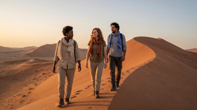 Three travelers walking along golden sand dune ridge at warm sunset in expansive desert