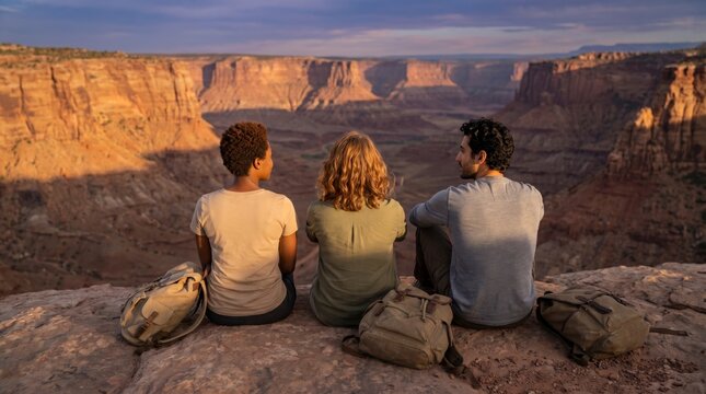 Three friends sitting on rocky ledge admiring deep canyon at warm sunset with backpacks