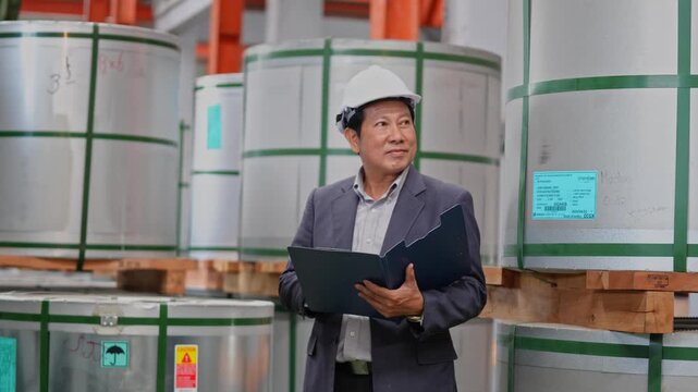 Warehouse supervisor assessing stock levels in a storage space filled with industrial containers and equipment