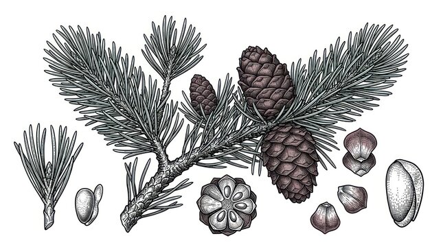 Detailed botanical illustration of conifer branch with pine cones and seeds
