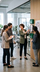 Fototapeta premium Diverse team discusses safety procedures near first aid kits in modern office