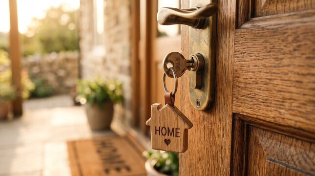 Metal door key with a wooden house shaped keychain attachment
