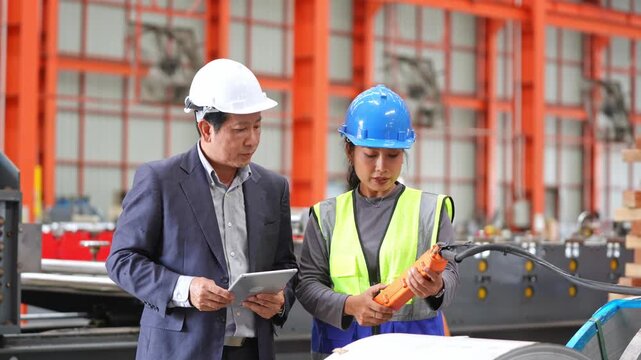 Team of engineers working together on an industrial project using tablets at a contemporary construction site