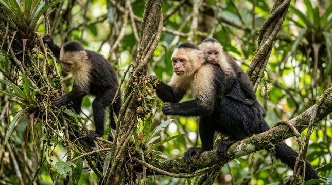 Capuchin monkey family feeding in the tropical rainforest canopy environment