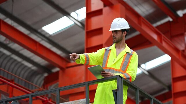 Construction supervisor guiding team from high platform while wearing bright safety equipment for optimal visibility