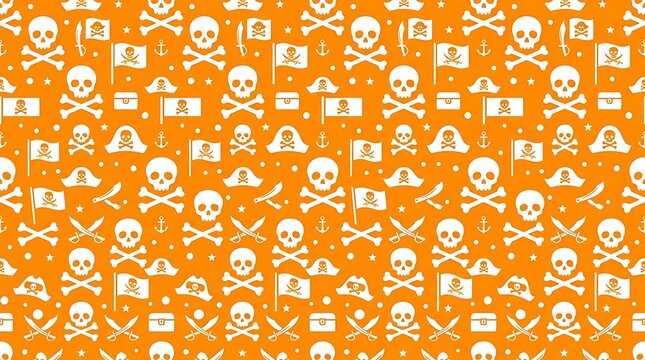 Pirate theme seamless pattern with skulls and crossbones on orange