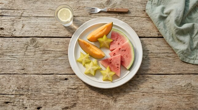 Sliced fresh cantaloupe melon, starfruit, and watermelon on a white plate placed on a rustic wooden table