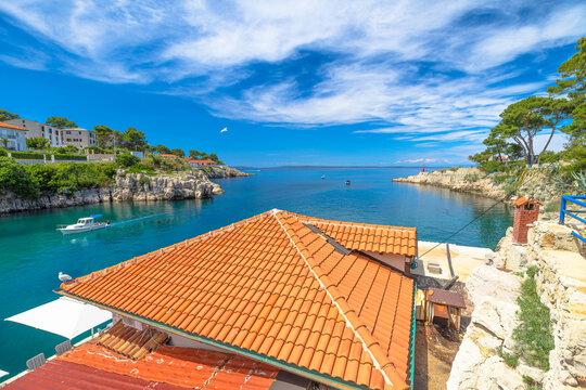 Mali Losinj harbor showing vibrant traditional buildings along Obala Marsala Tita (Marshal Tito's Promenade) of Losinj Island in Croatia