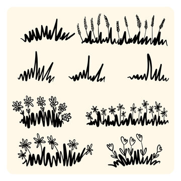 Cute hand drawn grass patch and wildflower borders doodle set