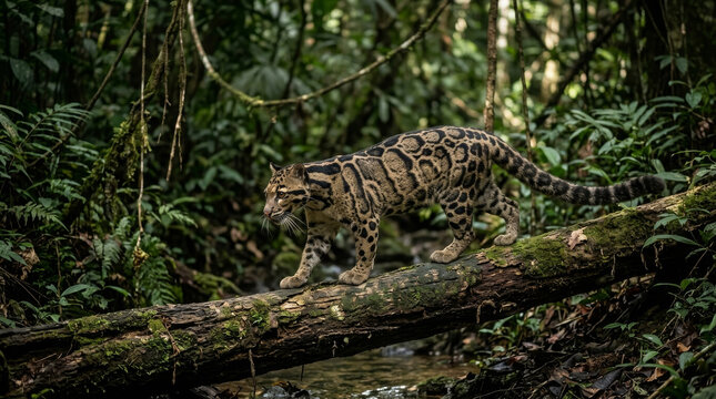 Clouded leopard walking along a fallen tree trunk in the dense rainforest