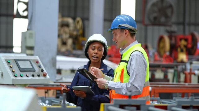 Two factory workers collaborating on industrial project with safety gear in manufacturing environment