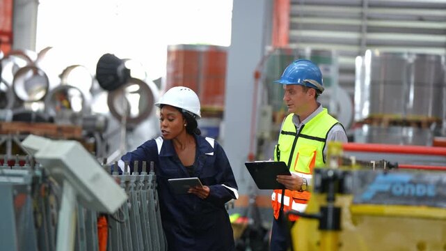 Diverse team collaborating in manufacturing plant discussing production process and safety protocols