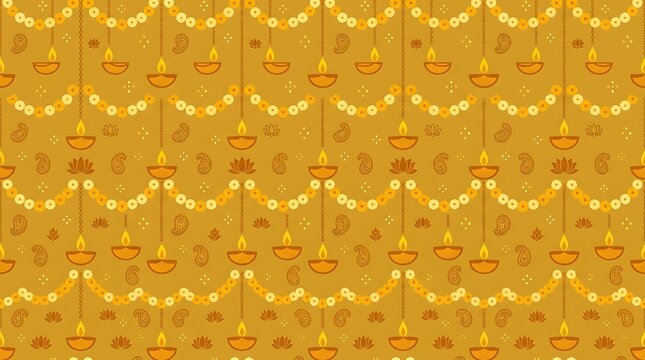 Traditional diwali pattern with hanging oil lamps and floral garlands