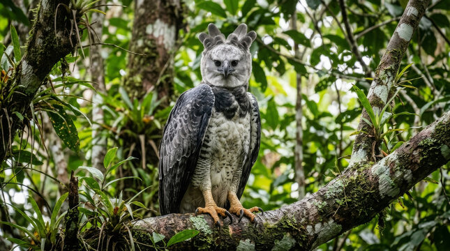 Harpy eagle staring into camera while perched on a branch in the forest