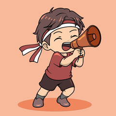 Cute vector illustration of a chibi boy shouting enthusiastically into an orange megaphone. The character wears a red t-shirt, brown shorts, brown shoes, and a red and white headband with a joyful and