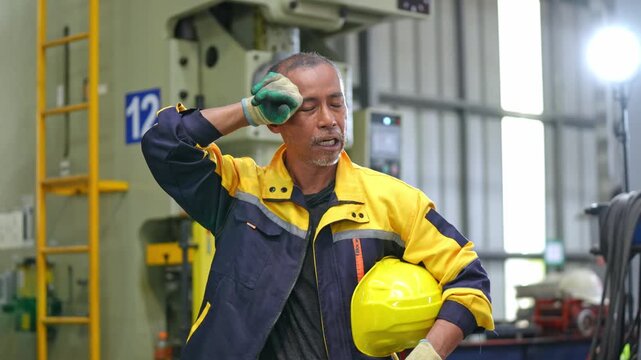 A dedicated factory worker enjoying a well deserved break while wearing essential safety equipment