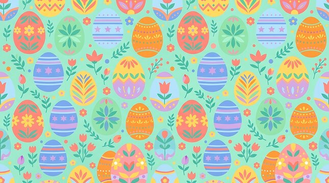 Easter egg seamless pattern with spring flowers and pastel colors