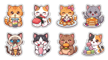 Cute Kawaii Cat Characters Enjoying Various Delicious Foods and Drinks.