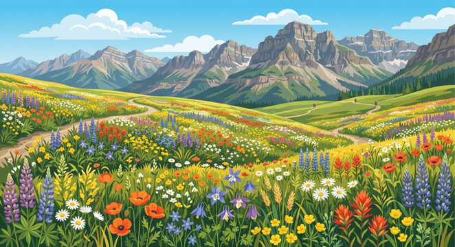 Vibrant mountain landscape with blooming wildflowers, scenic alpine meadow vector illustration, colorful spring valley with rocky peaks and blue sky