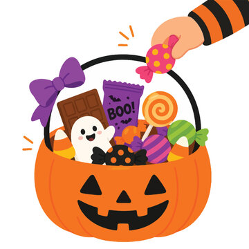 Trick or treat Halloween pumpkin basket filled with assorted candies, a ghost, and a hand offering more sweets