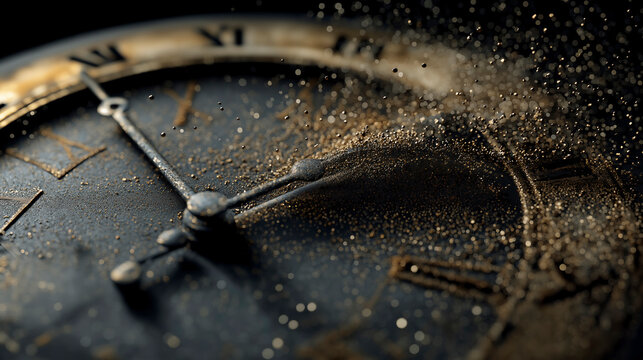 Vintage clock face disintegrating into golden dust particles representing the concept of passing time and mortality in a dark atmospheric setting 