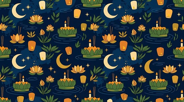Loy krathong festival seamless pattern with lanterns and baskets