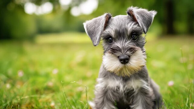 芝生の上にお座りして首をかしげて見つめるミニチュアシュナウザーの子犬