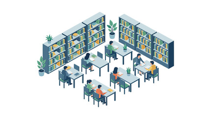 Isometric library interior with people studying at tables and bookshelves