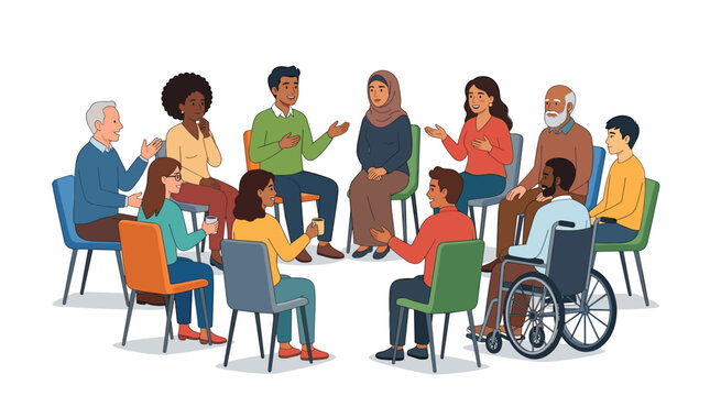 Diverse group of people sitting in a circle discussing ideas and sharing thoughts in a community meeting illustration
