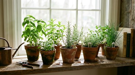 Fototapeta premium Fresh herbs in pots on a sunny windowsill. Potted aromatic plants for home cooking.