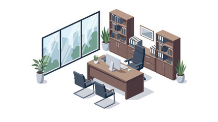 Modern office interior illustration with desk chairs and bookshelves © Bulkidut