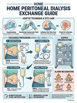 Home peritoneal dialysis exchange procedure guide infographic