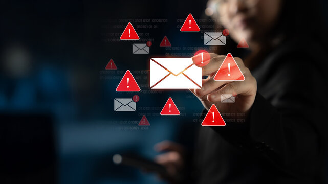 Concept of a cybersecurity warning for unsafe email communication. This alert signifies a phishing attack, spam, or malware risk that requires immediate attention to prevent fraud. Fermion