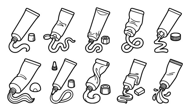 Toothpaste Tube Set Squeezing Paste Swirl With Cap Black Outline Vector Illustration On White Background
