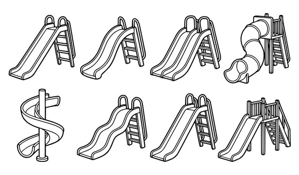 Playground Slide Set With Ladder Spiral Tube And Tunnel Types Coloring Page Vector Illustration On White Background