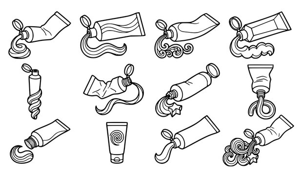 Toothpaste Tubes Collection With Decorative Swirls And Curls Cream Squeeze Vector Illustration On White Background