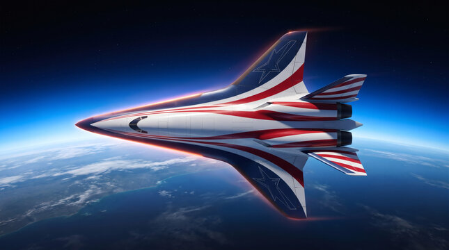 Hypersonic Aircraft with Patriotic Striped Livery Flying at Edge of Space Above Earth Atmosphere