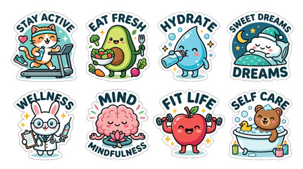 Set of cute cartoon stickers promoting healthy lifestyle habits and daily wellness routines.