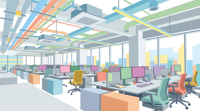 Corporate open-plan office workspace with colorful workstations and industrial ceiling flat vector illustration for modern company branding