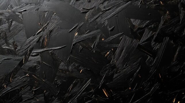 Black particle board texture with wood fibers and golden accents