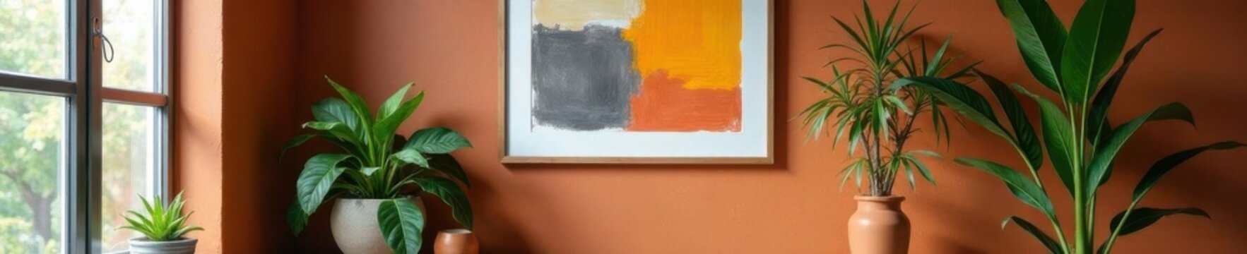 Eclectic home office, wiped brown walls, abstract art, plant, frame, accessories, decor, home