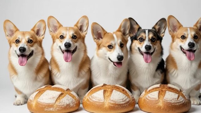 Five corgi dogs sitting with bread loaves