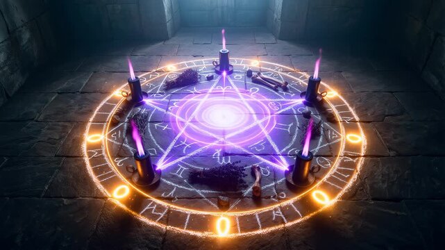 Glowing Magic Ritual Pentagram Circle on Stone Floor. 4K Video