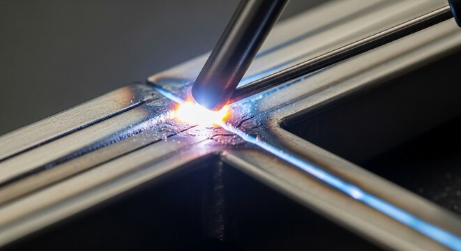 Intense close-up of a TIG welding torch joining stainless steel components with bright sparks and molten metal.