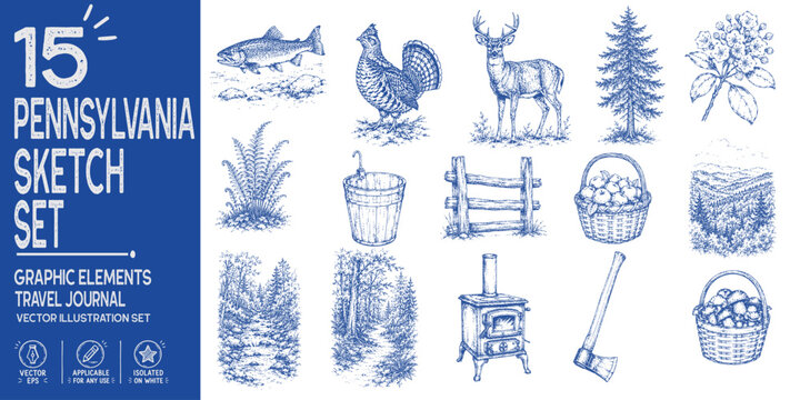 Pennsylvania travel journal collection. Hand drawn Keystone heritage elements. Eastern hemlock, Appalachian forest, maple sap bucket, ruffed grouse, mushroom basket. Trendy sketch vector set