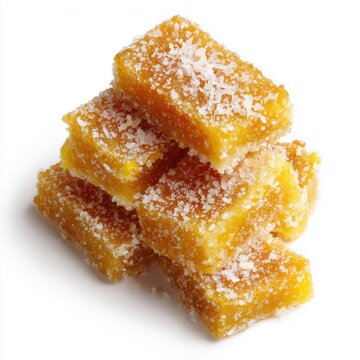 Caribbean carnival dessert of pineapple coconut mini bars isolated on a white background
