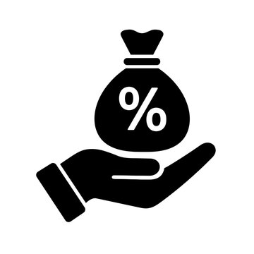 Hand icon holds a money bag marked with a percentage sign to symbolize interest rates, savings, or financial profit growth.