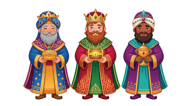 Three wise men vector illustration set with biblical kings holding gifts for epiphany christmas nativity celebration