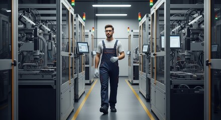 Obraz premium Robotics technician walking through advanced automated manufacturing facility.