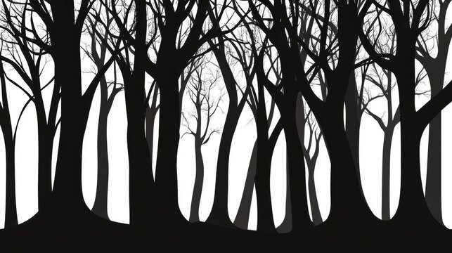 Dense forest silhouette with bare branches against white background